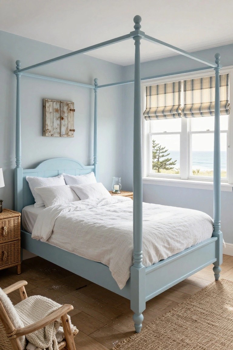Light blue painted four-poster bed with white linens in a bedroom featuring wicker nightstands, a rattan rocking chair with throw, beige rug, and double window with sea view.