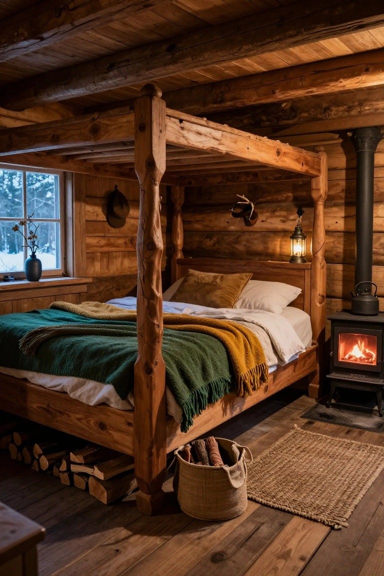 Log cabin bedroom with a large four-poster bed frame made of carved wood, green and orange blankets on the bed, stone wood stove with fire, antlers on wall, and window showing snowy landscape.