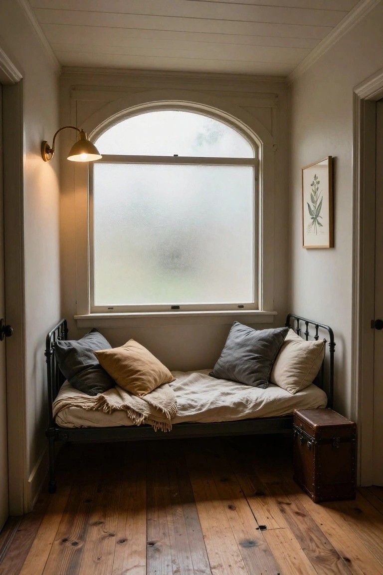 Narrow black iron daybed with gray, beige, and mustard pillows under a tall arched frosted window in a white-walled room with wood floors, wall lamp, botanical print, and leather trunk nearby.