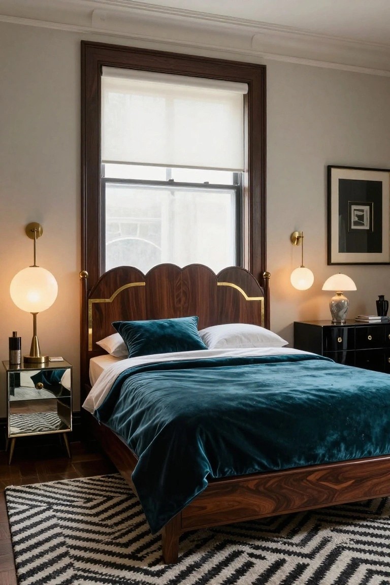 Bedroom with dark wood bed frame topped by tall curved walnut headboard with brass trim, teal velvet bedcover and pillows, brass lamps on mirrored nightstand and black dresser, large window with shade, and black-and-white zigzag rug on wood floor.