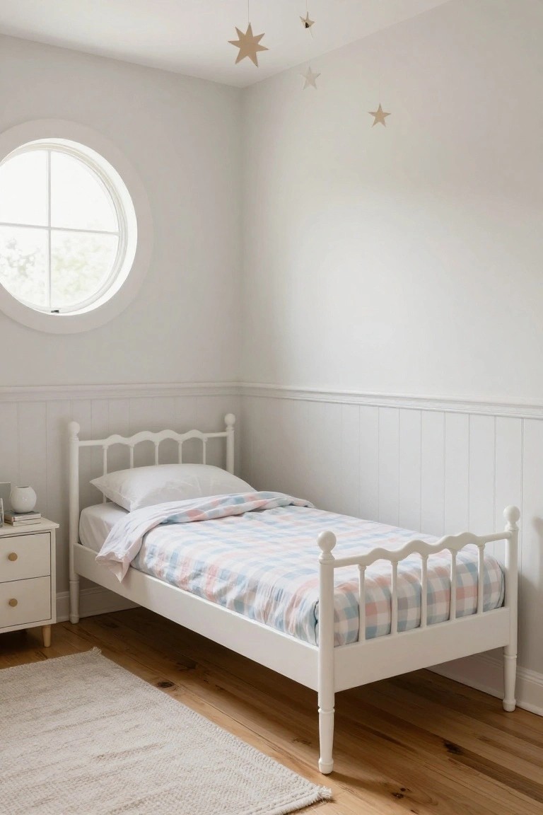 A white metal single bed with curved scalloped headboard and footboard, pink-and-blue checkered bedding, beside a small white nightstand in a white-walled bedroom with round window, wood paneling, and hanging paper stars.