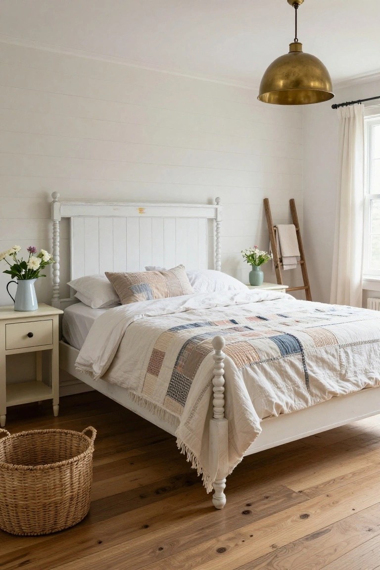 White wooden spindle bed frame with turned posts and paneled headboard in a light bedroom with patchwork quilt, nightstand holding blue milk jug of flowers, ladder shelf, and wicker basket on hardwood floors.