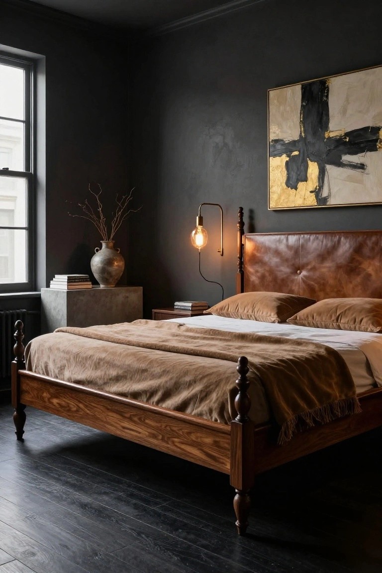 A cozy bedroom interior with a brown wooden four-poster bed featuring turned posts and a tufted leather headboard, dressed in tan linens, next to a concrete pedestal holding a terracotta vase, under dark walls and a large abstract painting.
