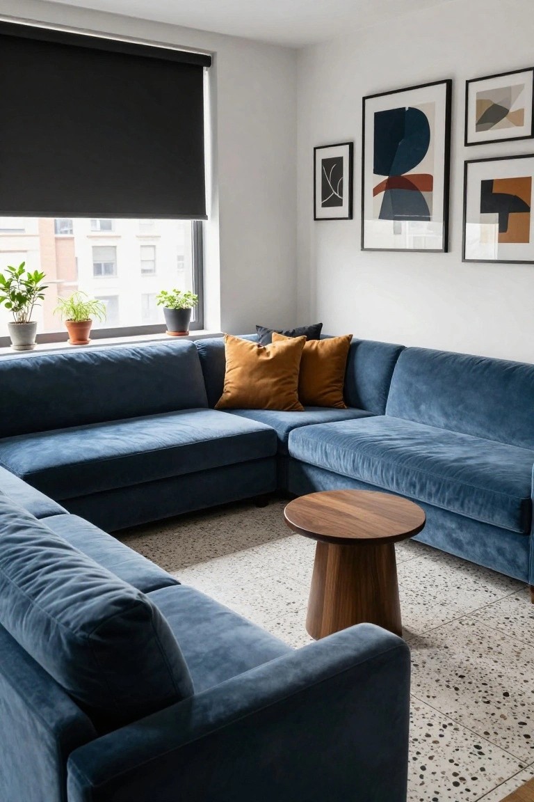 Modern living room corner with navy blue velvet L-shaped sectional sofa surrounding a round walnut pedestal table on a speckled white rug, abstract framed art on white walls, and potted plants on a windowsill overlooking brick buildings.