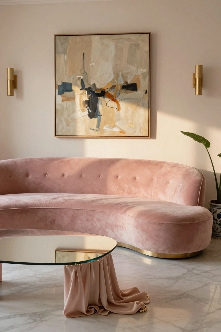 Curved blush pink velvet sofa in a beige-walled living room with abstract painting, gold wall sconces, curved glass coffee table draped in pink fabric with gold beads, potted plant in blue pot, and marble tile floor.