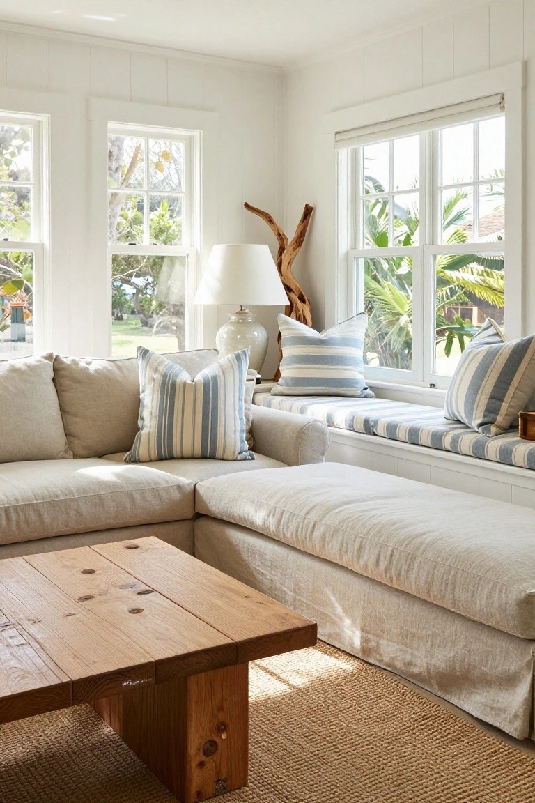 White paneled living room with beige linen L-shaped curved sectional sofa, wooden coffee table on seagrass rug, blue and white striped pillows on sofa and window seat, large windows overlooking garden and palms.