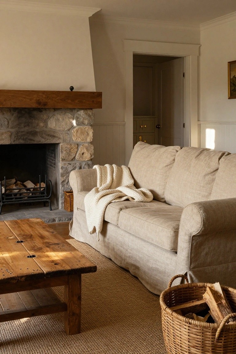 Beige linen slipcovered three-seater sofa with white knit throw blanket draped over arm, positioned in front of stone fireplace on seagrass rug with wood coffee table and wicker log basket nearby.