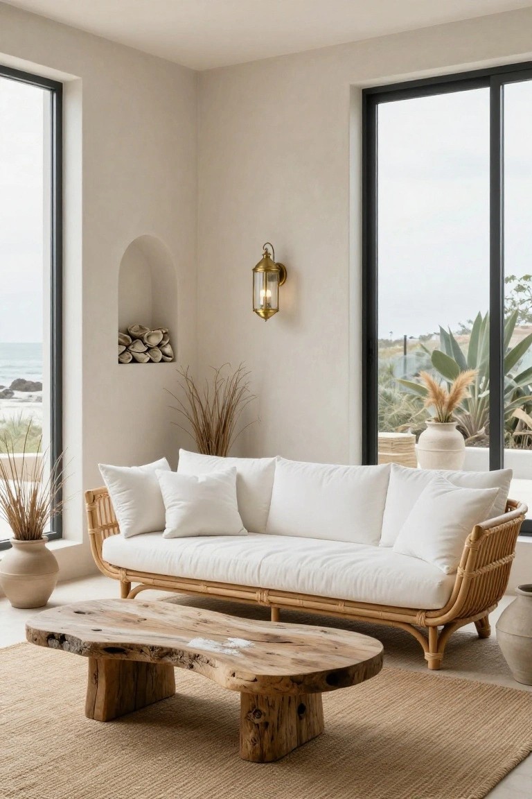 Light beige living room corner with curved white rattan sofa, irregular natural wood coffee table on seagrass rug, potted plants and pampas grass, arched niche holding rolled logs, wall lamp, and large black-framed windows overlooking ocean and landscape.