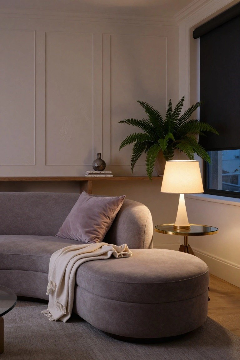 Light gray curved sofa with purple pillow and cream throw in a living room corner, adjacent curved gray pouf, glass-topped table with brass lamp, potted fern, and wooden shelf on paneled beige walls.