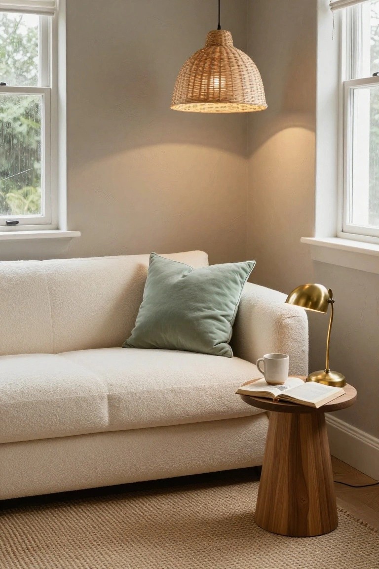 White curved textured sofa in a corner of a beige room with two windows showing greenery outside, green pillow on sofa, brass desk lamp, wood pedestal side table holding open book and white mug, rattan pendant light above, and seagrass rug on floor.
