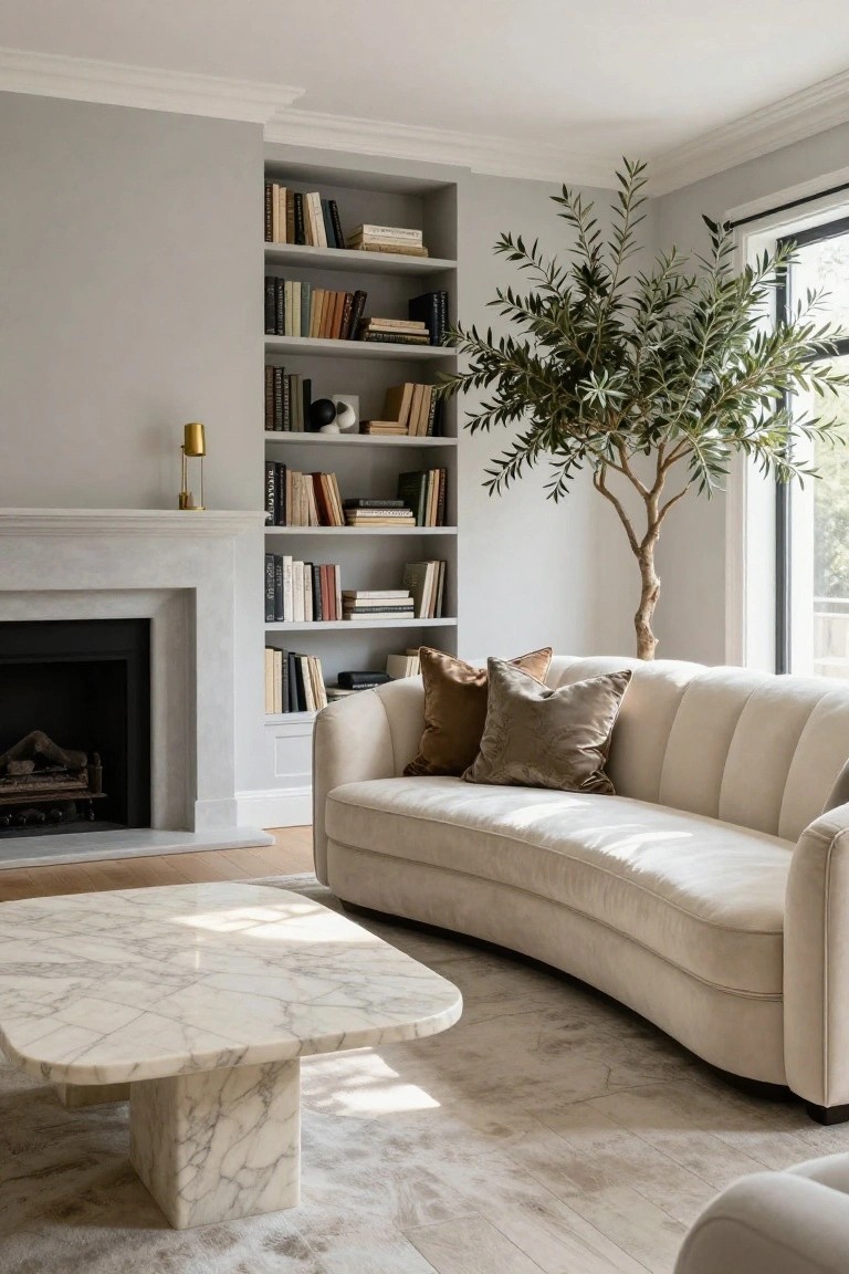 Cream curved sofa in a light gray living room with built-in bookshelves, white marble fireplace, marble coffee table, potted olive tree, and beige rug on light wood floors.