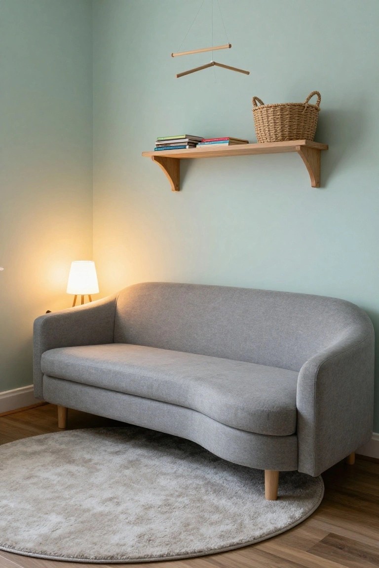 A light gray curved sofa on wooden legs sits on a round light rug in a pastel green corner room with a wooden wall shelf holding books and a woven basket, a small table lamp, and a wooden mobile hanger.