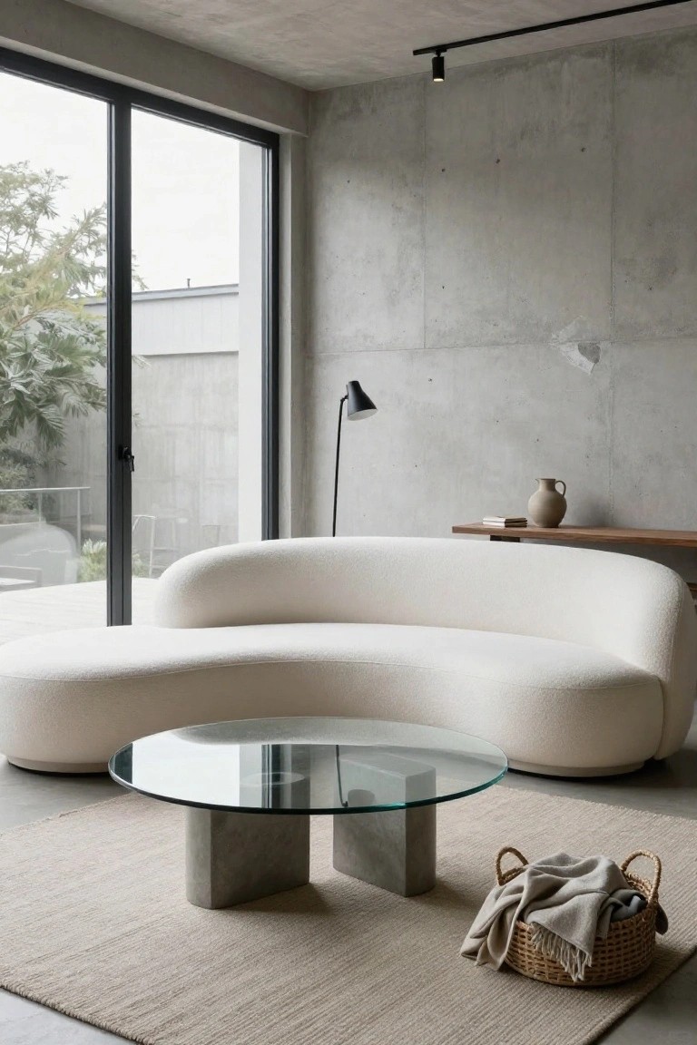 Modern living room interior with large curved white upholstered sofa, round glass-top coffee table on concrete bases, beige area rug, concrete walls and ceiling, large sliding glass doors overlooking greenery, floor lamp, and side table with vase.