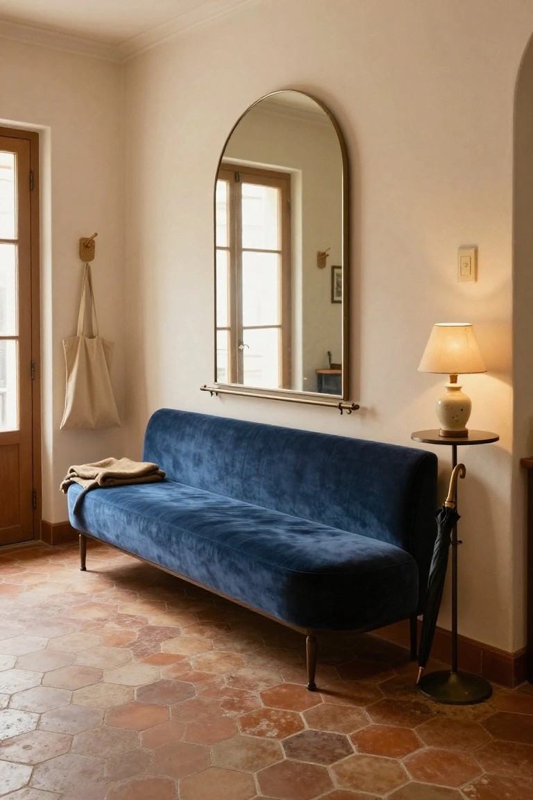 Interior room with blue velvet curved sofa on terracotta tile floor, large arched gold mirror on wall, side table with ceramic lamp, beige tote bag on hook, and umbrella stand nearby.