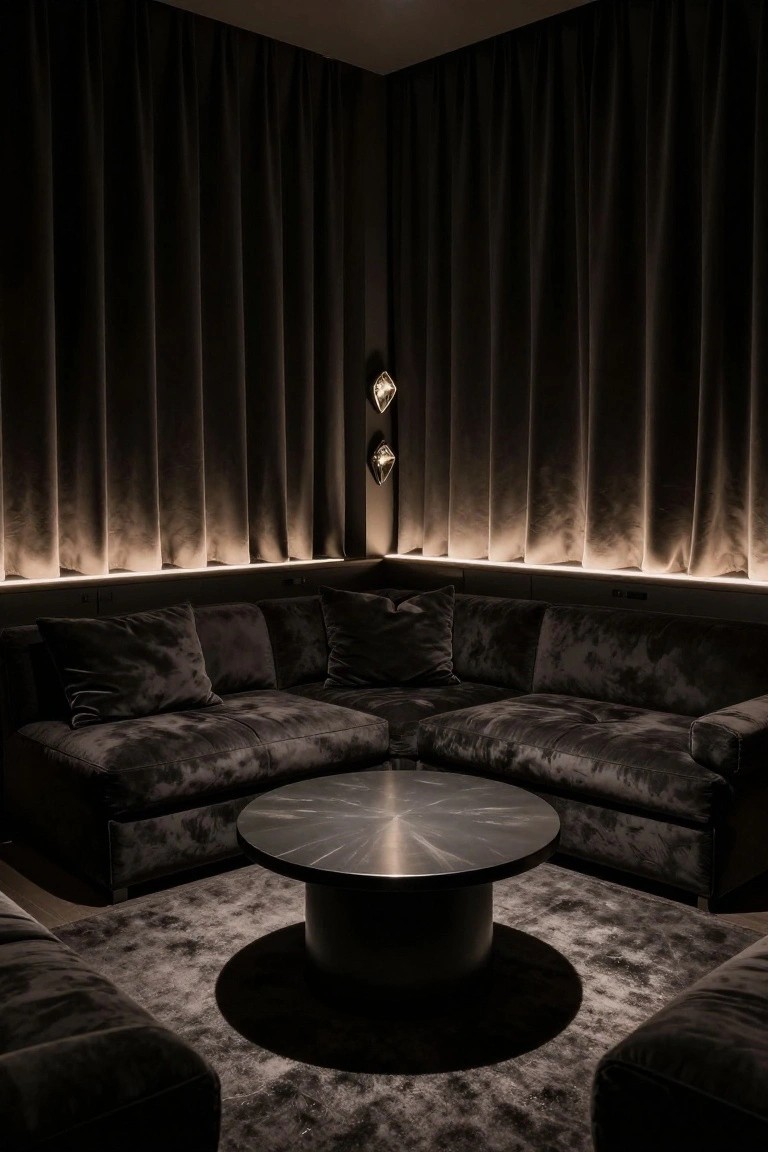 Dark corner lounge with L-shaped curved velvet sofas around a round black marble-topped table on a gray rug, flanked by heavy velvet curtains and ambient lighting.