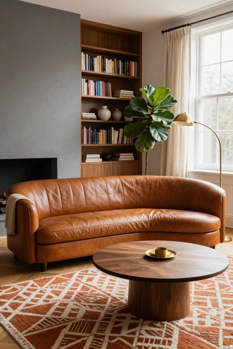 A curved tan leather sofa sits in a living room with tall wooden bookshelves, a large fiddle leaf fig plant, brass arched floor lamp, round walnut coffee table on an orange geometric rug, and a gray wall with fireplace.