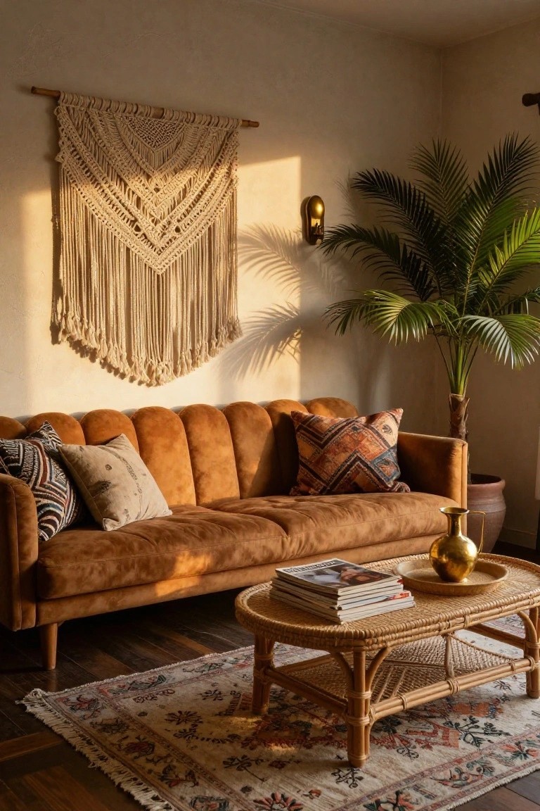 Sunlit living room corner with tufted curved terracotta sofa, macrame wall hanging, potted palm plant, rattan coffee table holding magazines and brass vase, colorful rug, and wooden floor.