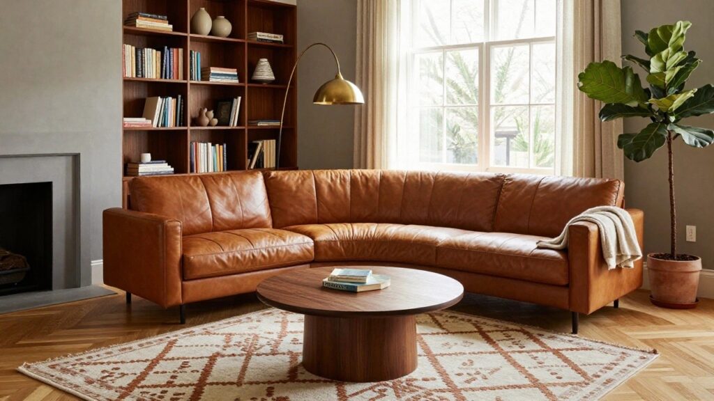 22 Trendy Curved Sofa Ideas for a Soft and Modern Look A curved tan leather sofa sits in a living room with tall wooden bookshelves, a large fiddle leaf fig plant, brass arched floor lamp, round walnut coffee table on an orange geometric rug, and a gray wall with fireplace.
