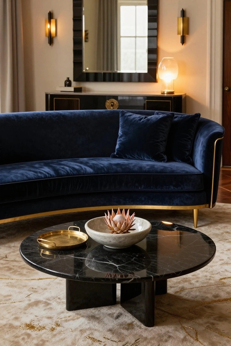 Navy blue curved velvet sofa with gold trim and legs in a living room, facing a black marble coffee table holding a gold tray and white stone bowl with pink protea flower, next to a black credenza, large mirror, and wall lamps.