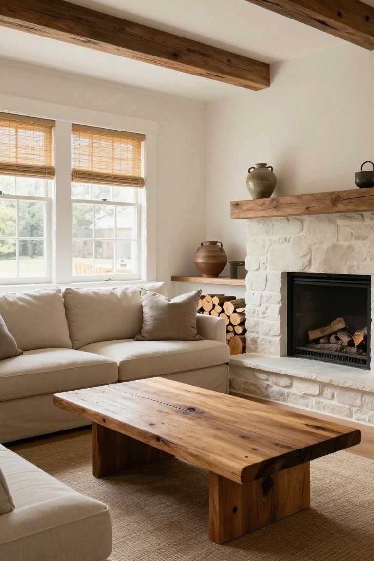 Living room with beige fabric sofa facing stone fireplace with dark wood mantle and shelf holding ceramic pots and firewood stack, low rectangular live-edge wood coffee table on seagrass rug, exposed wood beam ceiling, and double windows with bamboo shades.