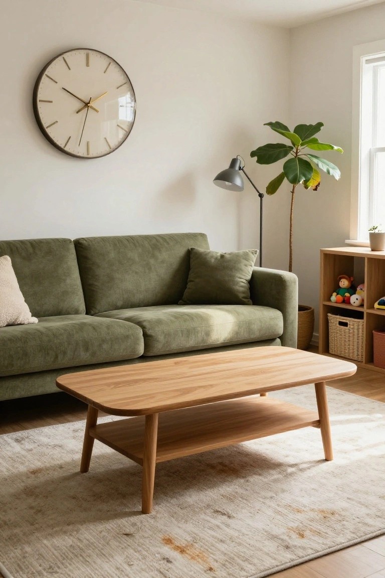 Modern living room with sage green upholstered sofa, light oak coffee table with lower shelf, fiddle leaf fig plant by window, adjustable desk lamp, gold-rimmed wall clock, and open wood shelves holding toys and baskets.