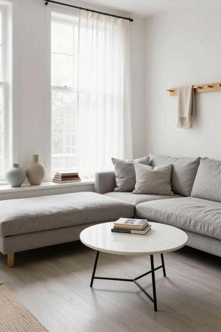 Light gray linen L-shaped sectional sofa with chaise lounge extension in a minimalist living room, paired with round white marble coffee table, near large window with sheer curtains, on light wood floor with neutral decor.