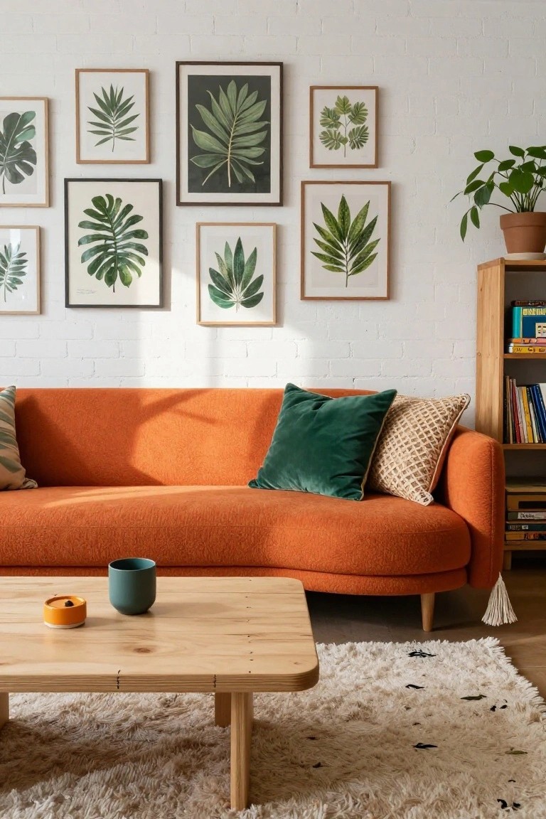 Living room with burnt orange curved sofa, green velvet and patterned pillows, wooden coffee table holding a teal mug and orange dish, multiple framed green leaf prints on white brick wall, wooden bookshelf with books, potted plant, and white rug on wood floor.