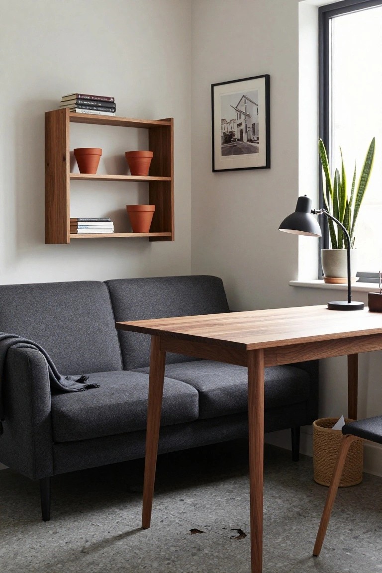 Modern interior with white walls, dark gray two-seater sofa with gray throw, wooden rectangular table beside it, wall-mounted wooden shelves holding books and terracotta pots above the sofa, and a desk with black lamp and potted snake plant by the window.