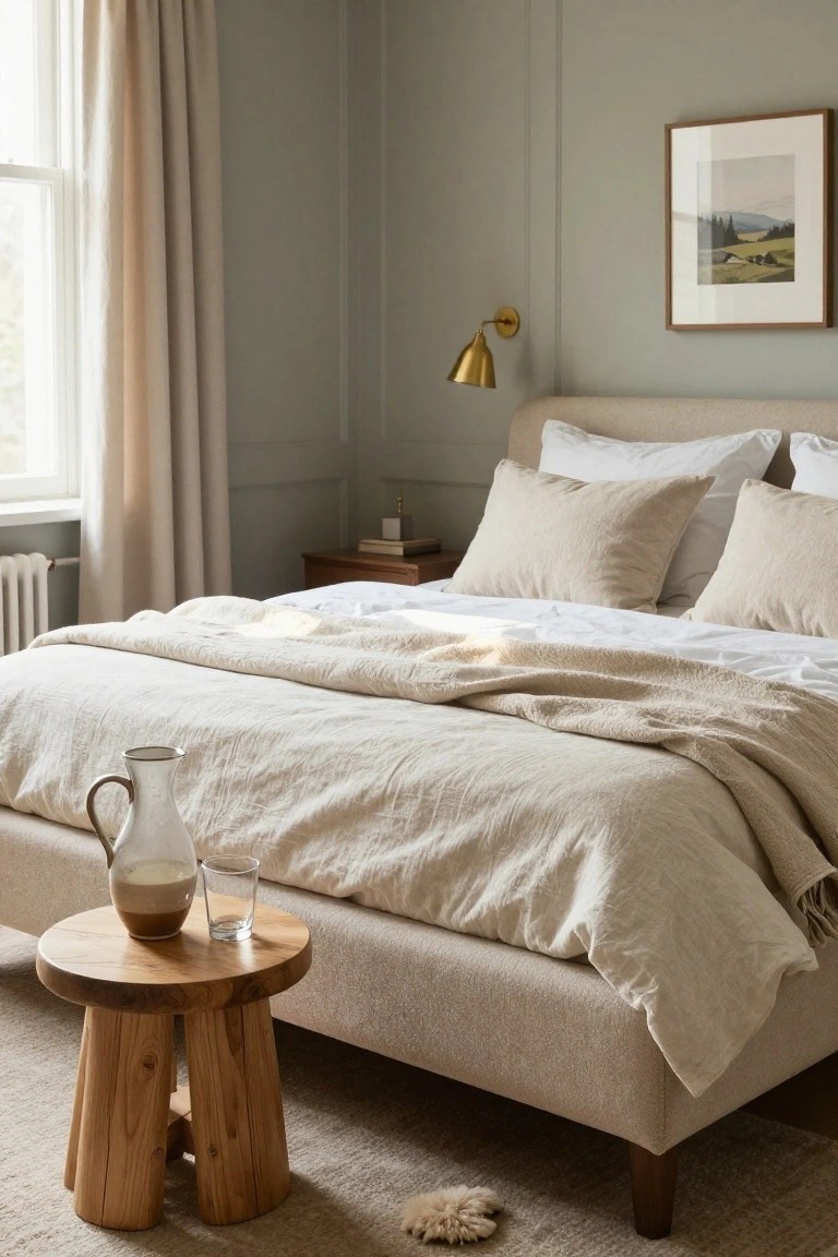 Bedroom interior with sage green paneled walls, a beige upholstered bed draped in cream linens, a round wooden stool beside the bed holding a white jug and glass, a gold wall lamp, and a landscape painting.