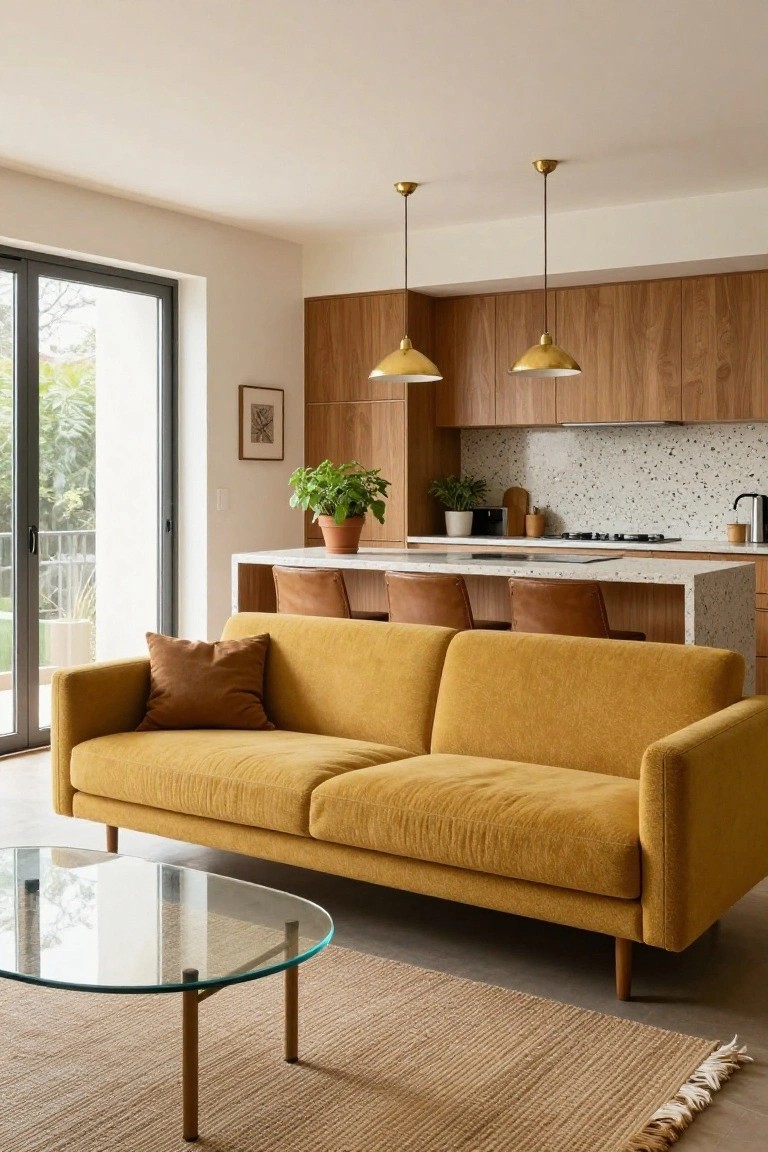 Modern open-plan living room and kitchen interior with mustard yellow curved fabric sofa, oval glass coffee table on wood legs, tan bar stools at white stone island, wood cabinets, terrazzo backsplash, and large glass sliding doors to outdoors.