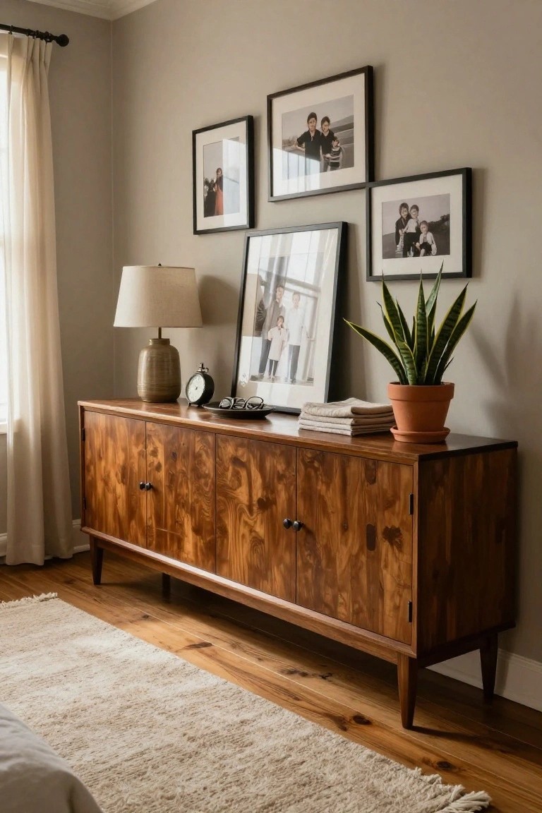 A wooden sideboard against a wall with a lamp, clock, tray, folded linens, and potted plant on top, plus several framed family photos arranged above it.