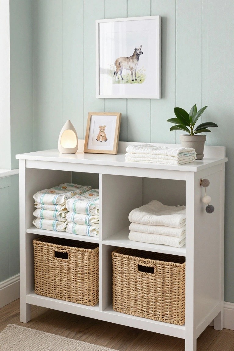 White storage cubby with woven baskets, folded linens, plant, and framed animal art.