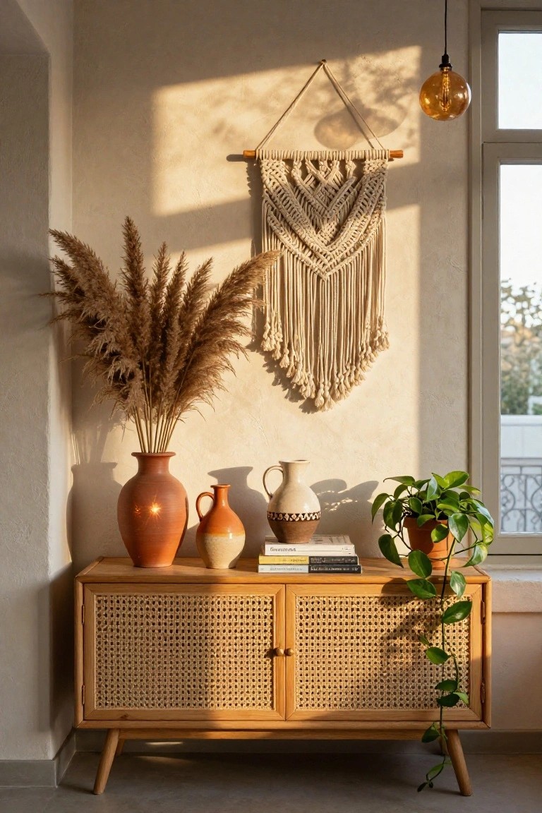 Wooden cabinet with woven doors, vases, books, macrame, and pampas grass.