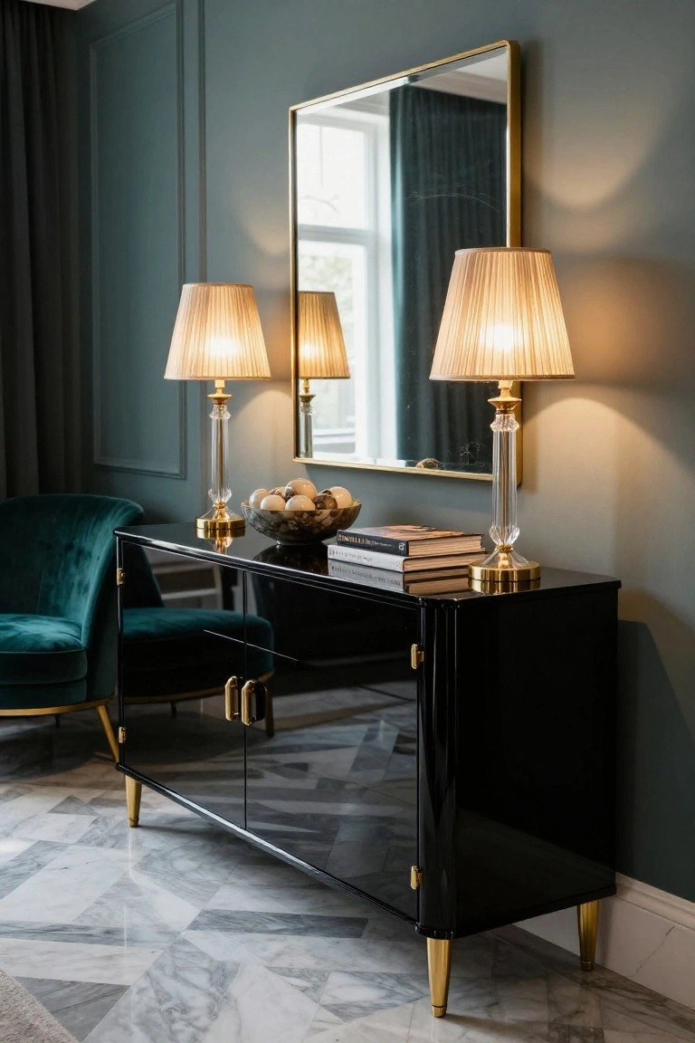 A black sideboard with two matching brass and crystal lamps, a decorative bowl, stacked books, and a large mirror above it in a room with teal walls and a velvet chair.