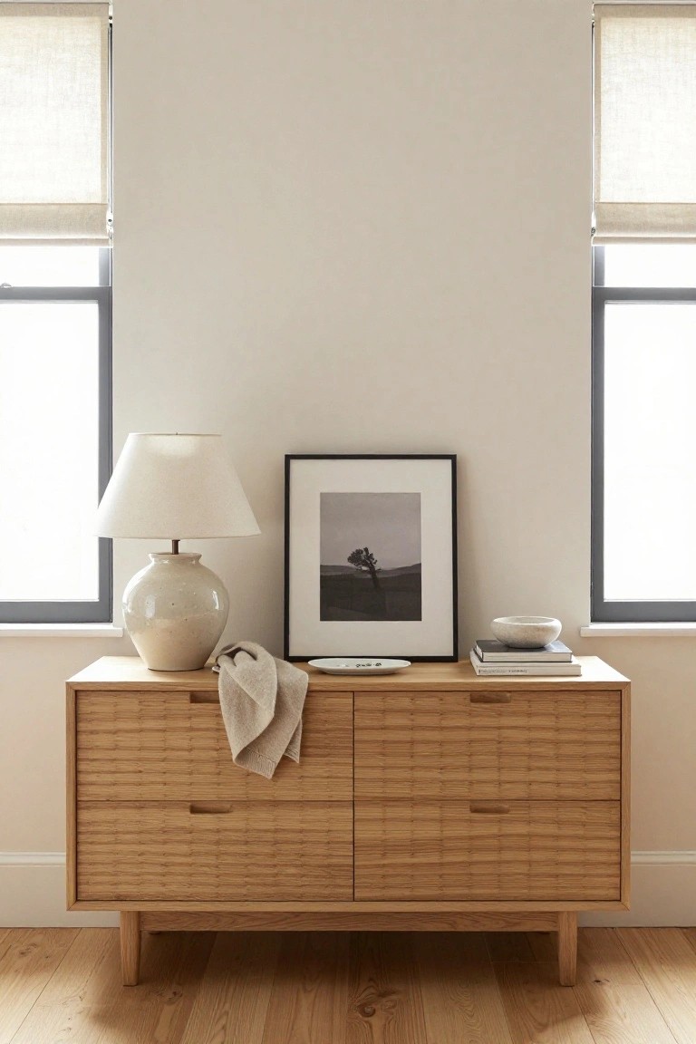 Minimalist wooden dresser with lamp, framed art, and decor between windows.