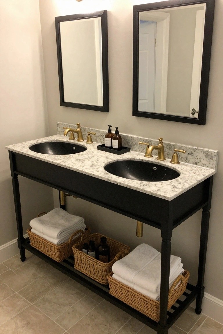 A double sink bathroom vanity with a black frame, marble countertop, gold faucets, and wicker baskets holding towels and bottles on the open lower shelf.