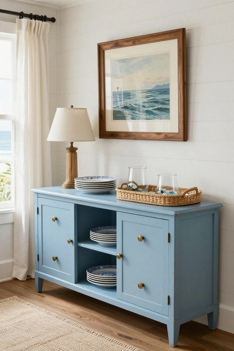 A light blue sideboard with open shelves holding stacked plates and closed cabinets stands against a white wall, topped with a lamp and a woven tray.