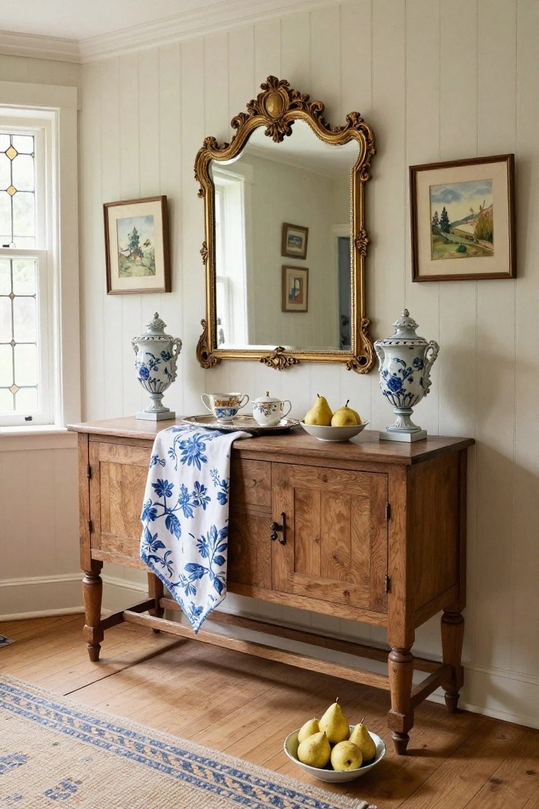 Wooden sideboard with ornate gold mirror, blue-and-white vases, and pears.