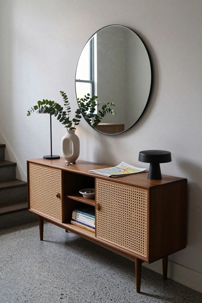 A wooden sideboard with cane doors holds books on an open shelf, a vase with greenery, a lamp, a magazine, and a black stool, with a round mirror mounted above it on a white wall.