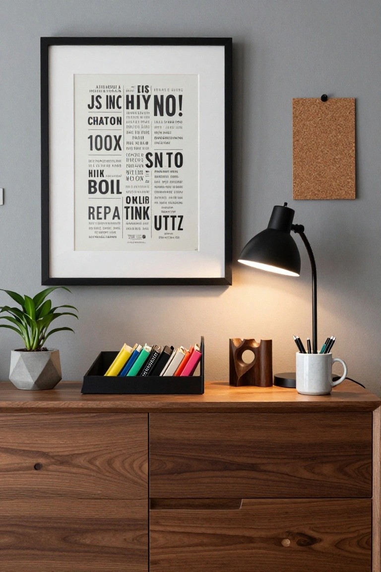 Wooden desk with lamp, books, plant, framed art, and corkboard.