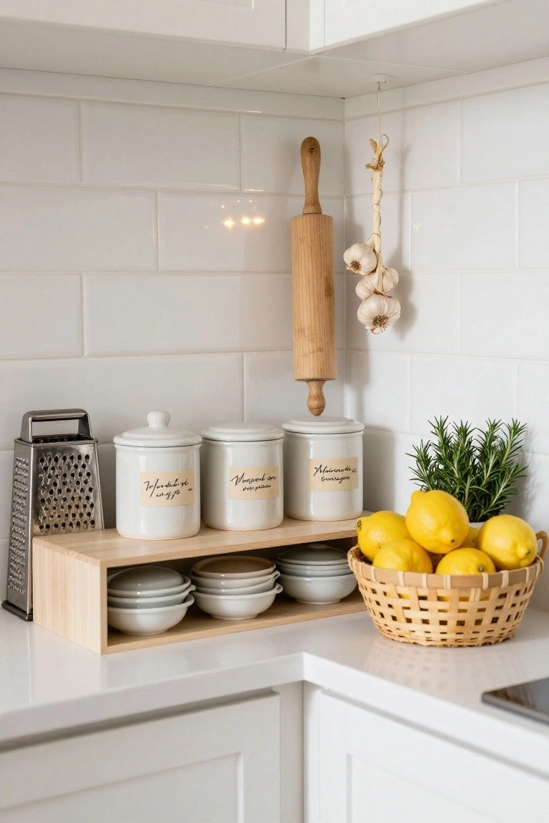 A kitchen counter features a light wooden tray holding white ceramic canisters with labels, stacked bowls, a metal grater, and a basket of lemons beside fresh rosemary.