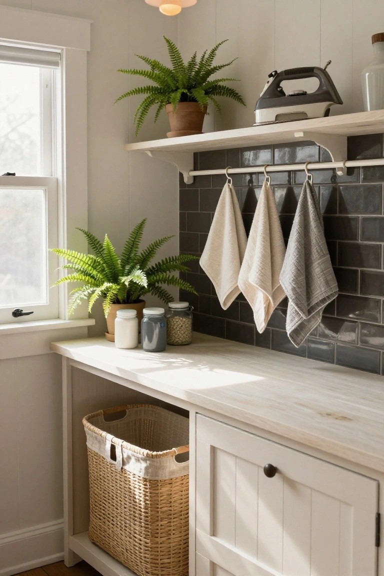 A white sideboard with a wicker basket below and a hanging rod above holding three towels, next to a window and dark tile wall.