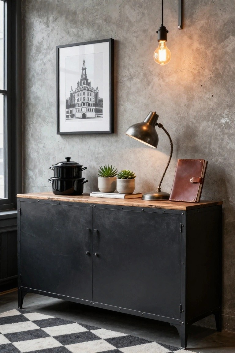 Industrial black sideboard with wooden top, lamp, plants, and framed art.