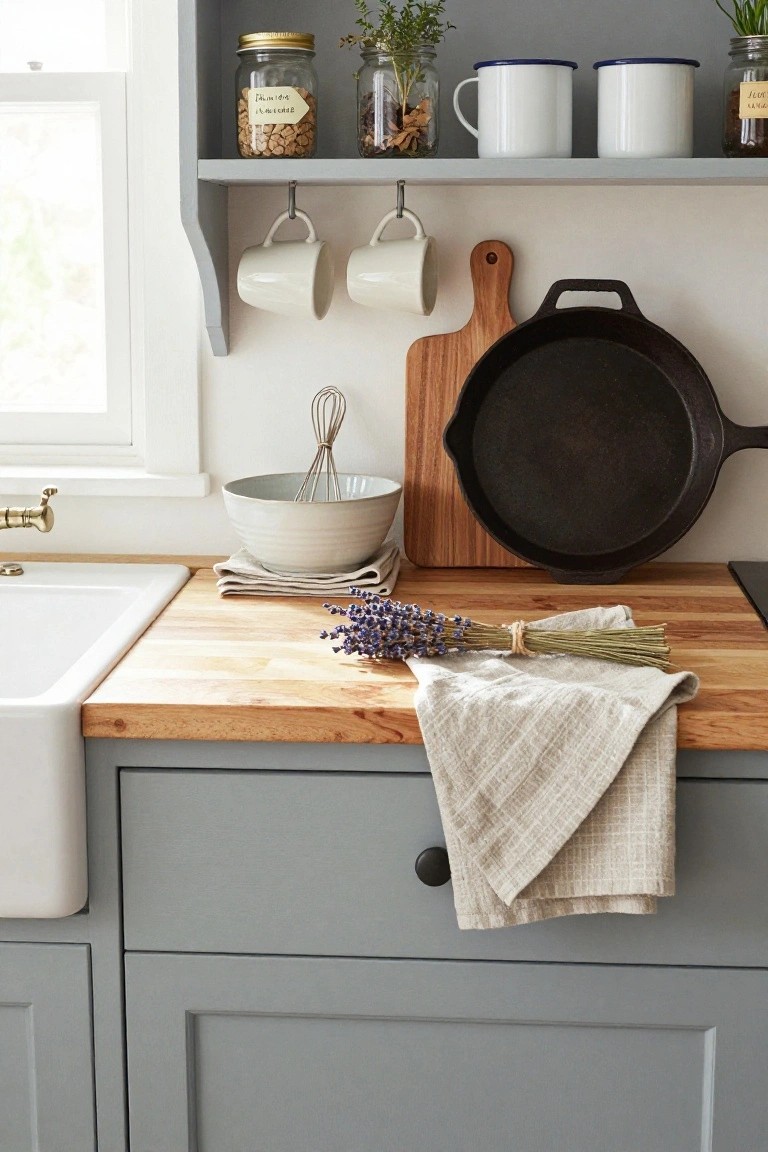 A gray kitchen counter with a wooden top displays a cast iron skillet, wooden cutting board, bowl with whisk, and a bundle of lavender resting on a linen cloth, with open shelving above holding jars and hanging mugs.