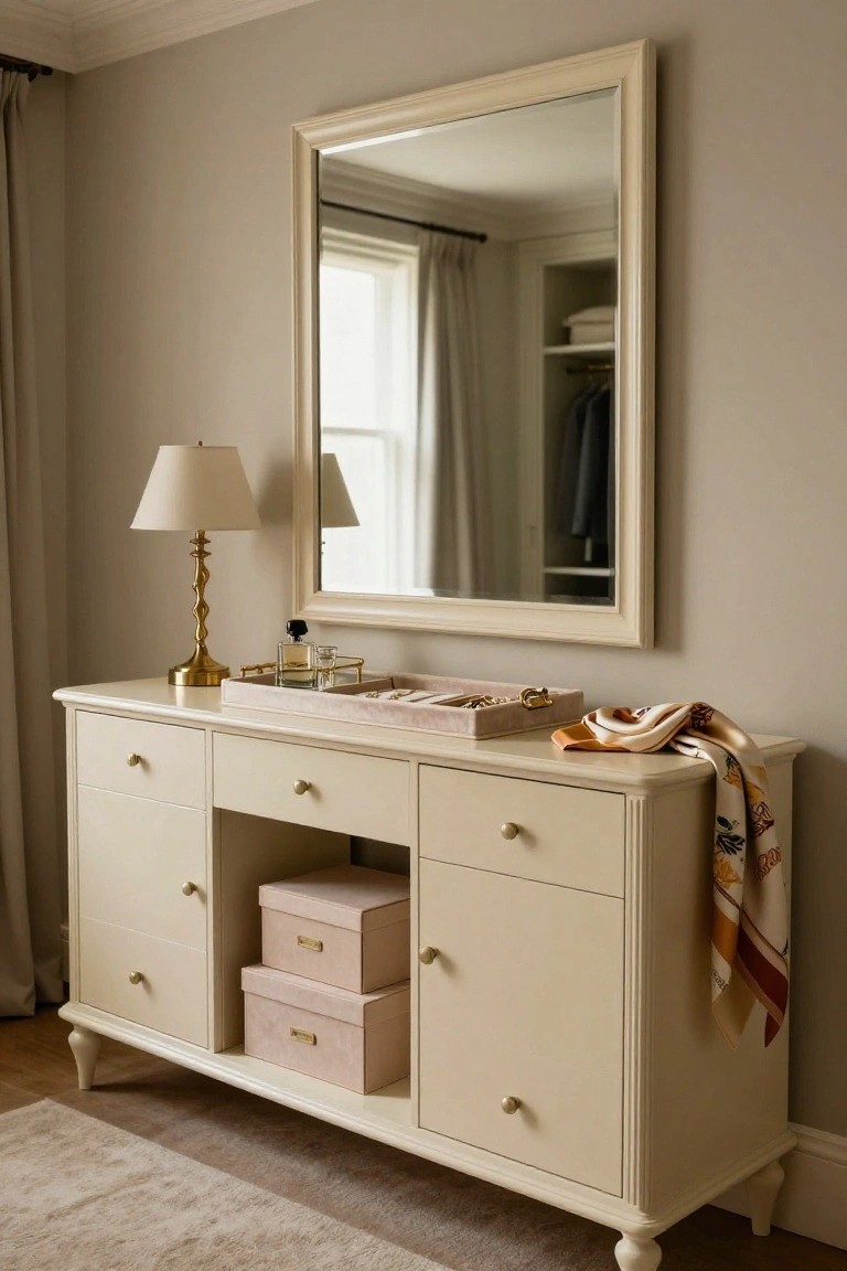 Cream dresser with mirror, pink boxes, lamp, and scarf.