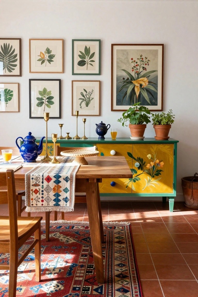 A wooden dining table sits in front of a green and yellow sideboard with painted floral designs on the doors, topped with plants, blue pottery, and brass candlesticks, with framed botanical prints on the wall above.