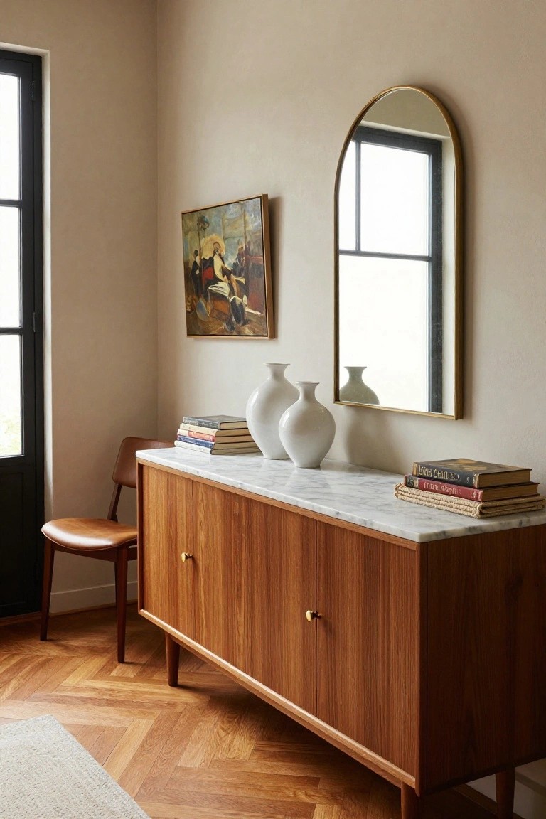 Mid-century wooden sideboard with marble top, vases, books, and mirror.