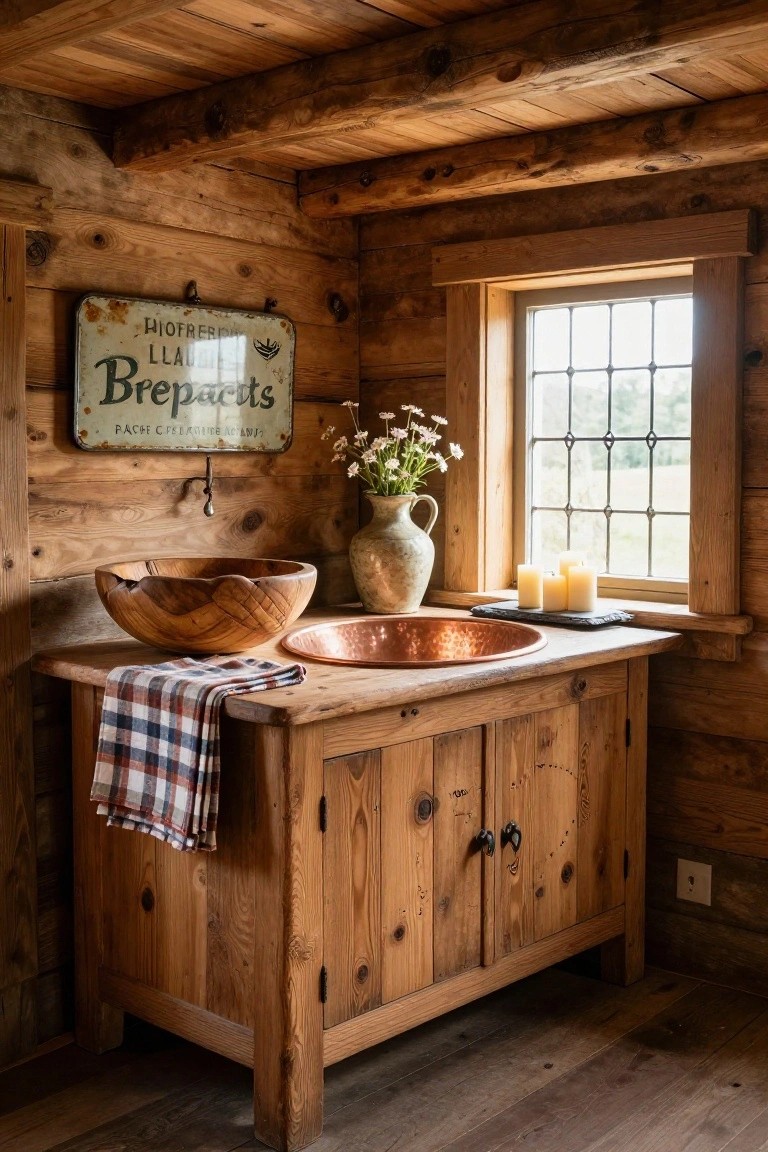 Rustic wooden bathroom sink with copper basin, wildflowers, and candles by window.