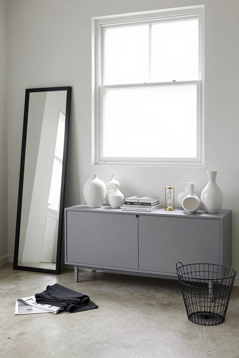 A gray sideboard under a window displays several white ceramic vases of different shapes along with stacked books and a small hourglass, while a tall black-framed mirror leans against the wall to the left.