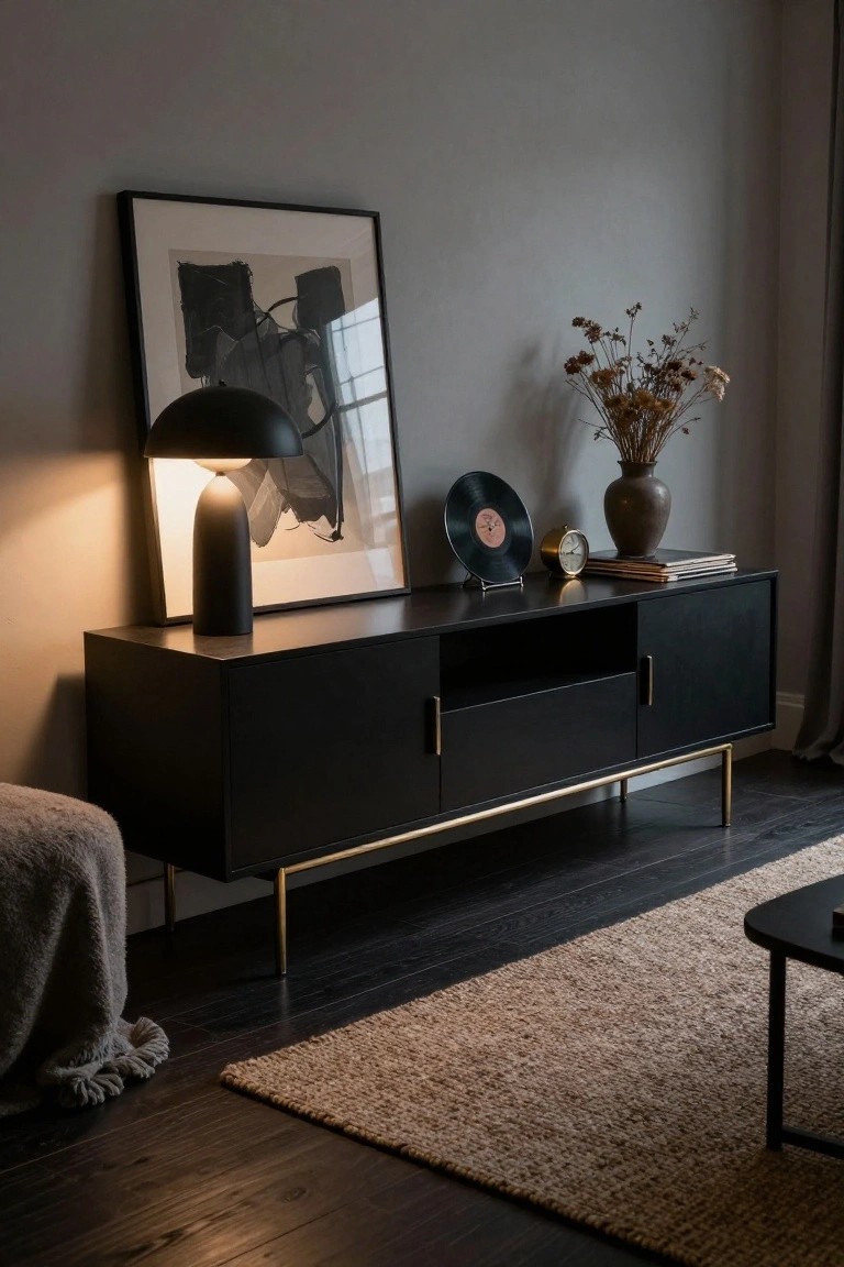 Modern black sideboard with gold legs, lamp, and decor on dark wood floor.